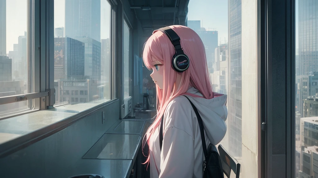 Absurd, Ultra-high resolution, (Official Art, beautifully、mysterious:1.2), Impressive eyes, light pink long hair, Larger than average bust, Correct human body composition, Girl listening to music with headphones, Looking out the window, Lo-fi Girl,  and oversized hoodie, Makoto Shinkai and Artgelm, Anime atmosphere, Lofi art style, Anime style 8k, Anime Aesthetics, Lo-fi feeling, Anime Art Wallpapers 8K, An atmosphere of praise, City girl&#39;s room, Rooms with large windows, Emotional cityscape, Bright Sky