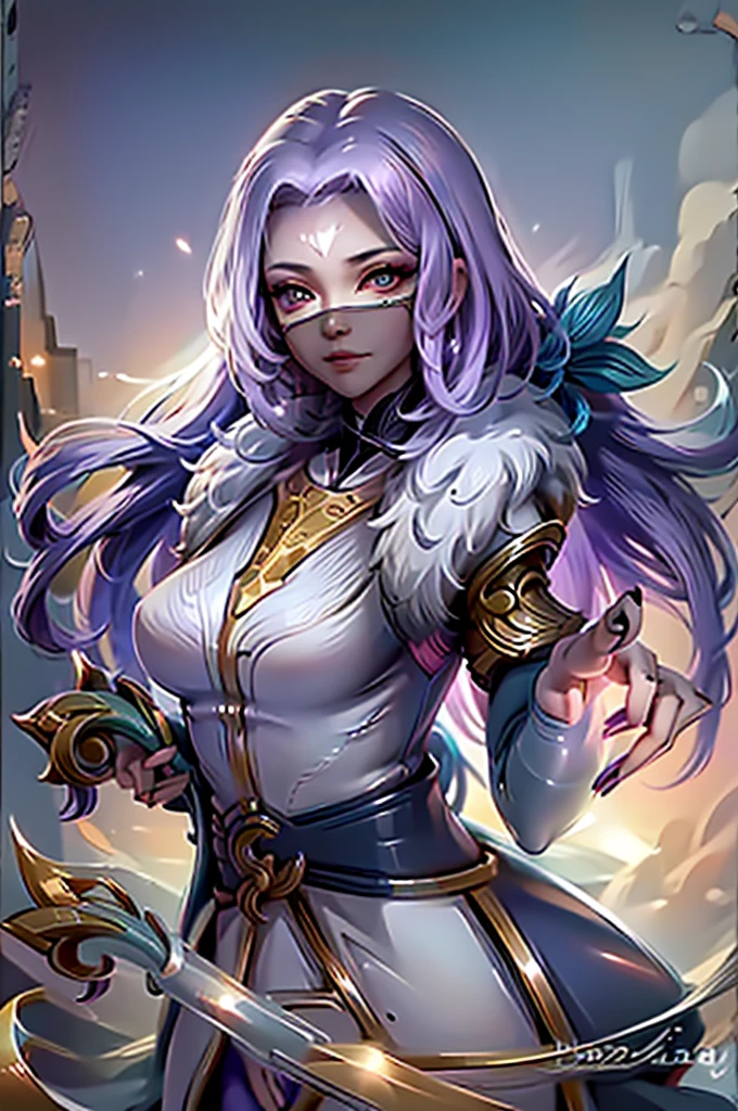 1girl,(masterpiece:1.4, best quality),medium breasts,(intricate details),unity 8k wallpaper,ultra detailed,(pastel colors:1.3),beautiful and aesthetic,detailed,solo, purple hair, luo_yi_ml, mouth veil, big breasts, 