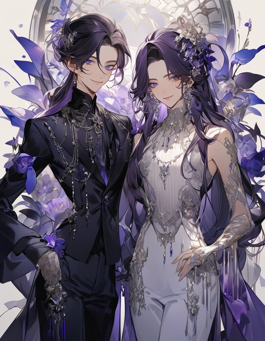 Feminine boy, soft womanish facial features, smile, squinted siren dark blue eyes without glare, silver and dark purple long loose hair with straight bang, fantasy black clothes with blue and purple elements, long black gloves, model, gorgeous, elegant, lots of silver jewelry, flowers in his hair, skinny body, hourglass figure, light lipstick, pants