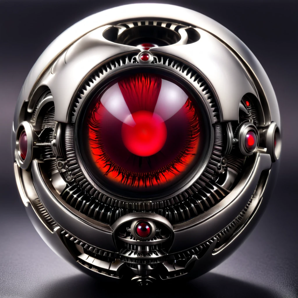 a pure black and opal mechanical orb, giger style, silvercarvingcd_xl , blood red eye aura,