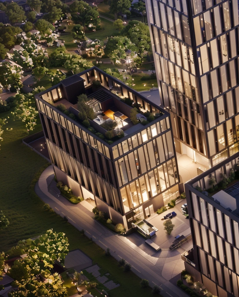 Office building at night with bright sky,Real glass curtain wall,Realistic lighting,full building, realism, Architectural renderings, Aerial View, detailed picture,Architectural Visualization,masterpiece,High Detail,HD resolution,8K,