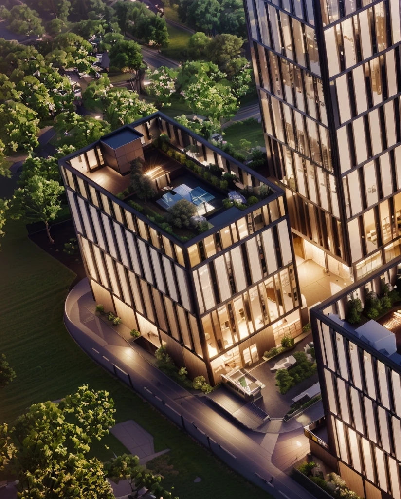 Office building at night with bright sky,Real glass curtain wall,Realistic lighting,full building, realism, Architectural renderings, Aerial View, detailed picture,Architectural Visualization,masterpiece,High Detail,HD resolution,8K,