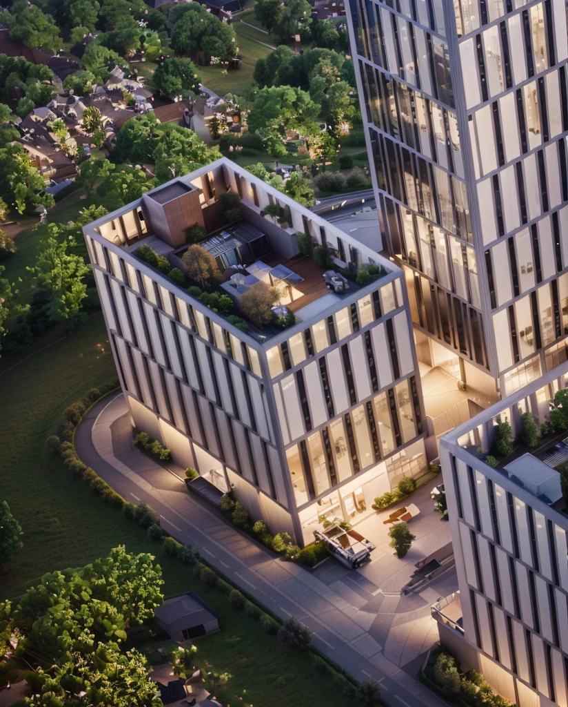 Office building at night with bright sky,Real glass curtain wall,Realistic lighting,full building, realism, Architectural renderings, Aerial View, detailed picture,Architectural Visualization,masterpiece,High Detail,HD resolution,8K,