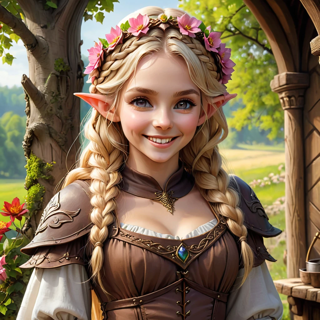 work of art, ultra epic details, ultra detaild, best resolution, blonde, Braided hair, (BEAUTIFUL ELF), beautiful and rustic flower crown {olhos ultra detailds} ((rosto angelical)), sculptural body, ((nude brown outfit)) ((wearing medieval peasant clothing)), ((perfect hands))), ((expression of happiness)), (Grinning), great smile, Simple smile, TREES,
medieval scenery, medieval tavern, pink back ground