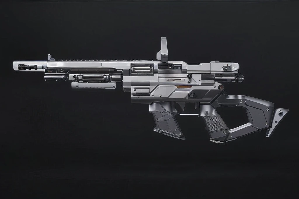 (masterpiece, top quality, best quality, official art, beautiful and aesthetic:1.2),(8k, best quality, no humans,( black background:1.3), gradient, gradient background, weapon, vehicle focus,grey design, Science fiction, gun,bullpup design, ,gun with a metal body