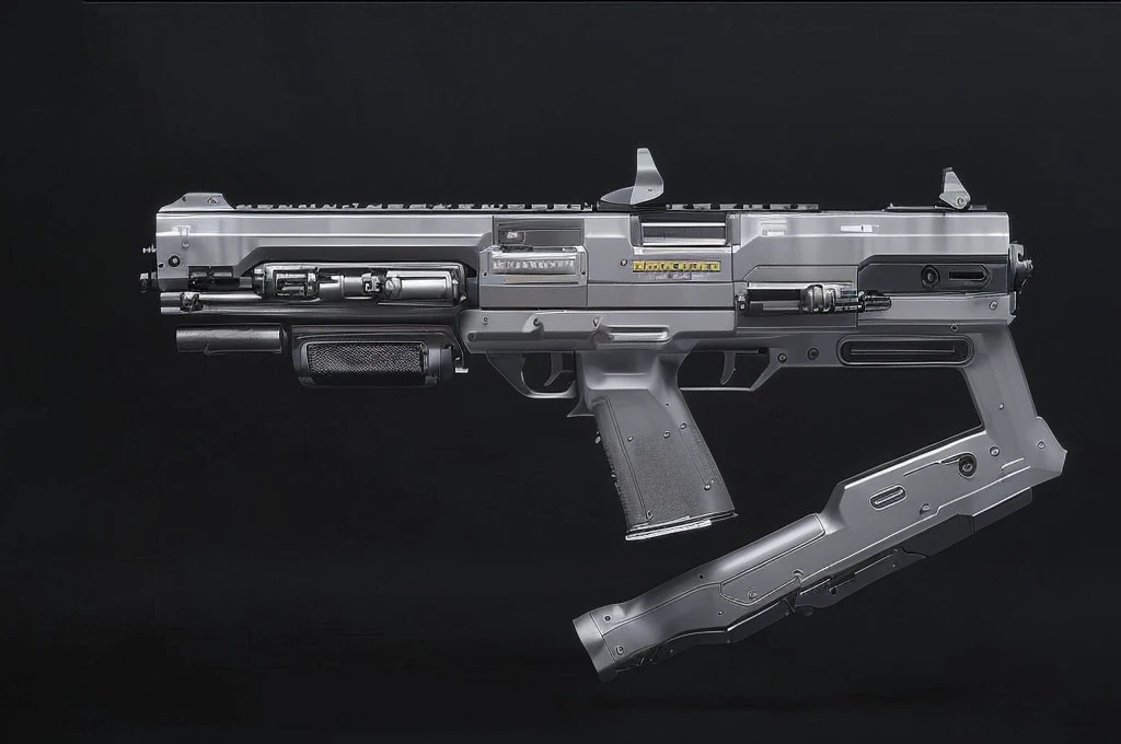 (masterpiece, top quality, best quality, official art, beautiful and aesthetic:1.2),(8k, best quality, no humans,( black background:1.3), gradient, gradient background, weapon, vehicle focus,grey design, Science fiction, gun,bullpup design, ,gun with a metal body
