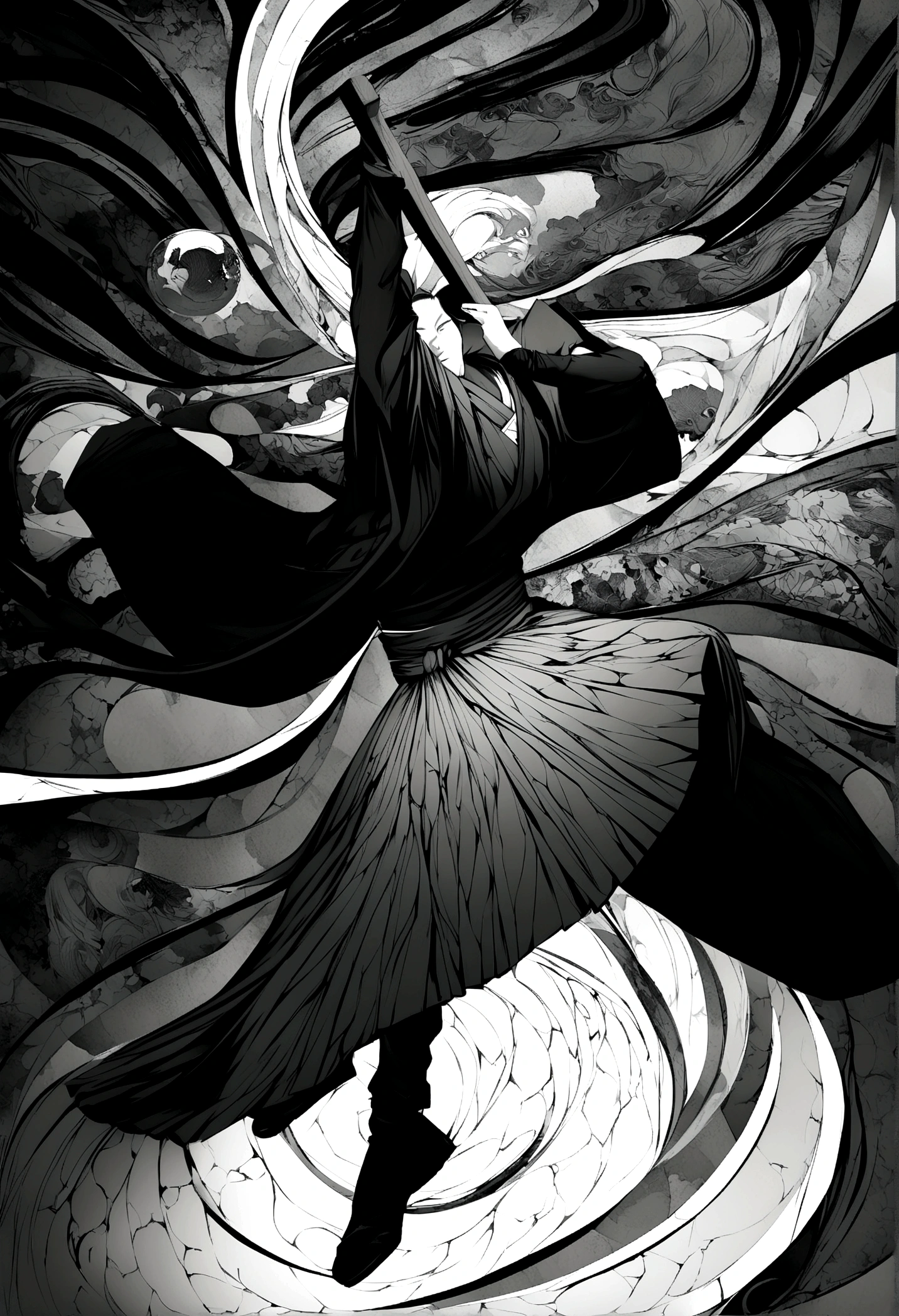Black and white illustration of a man wearing a male ancient Japanese rural kimono and swinging a wooden sword , Inspired by Yoshiko Okaue, Artistic digital art, Stylish digital art, Petra Cortright,