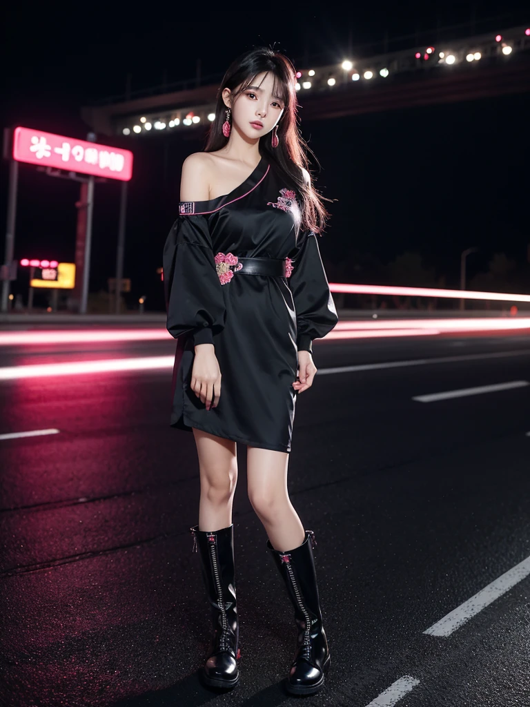 Beautiful woman wearing a black pink Wearing y2k While standing korea style clothes mini dress with decorations on the shirt and visible shoulders and wearing boots and being photographed with a background And was in the middle of the highway in the middle of the night ,Korean style swag, beautiful face so gorgeous, Beautiful eyes, y2k style,