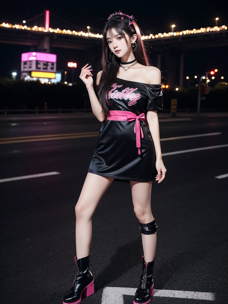 Beautiful woman wearing a black pink Wearing y2k While standing korea style clothes mini dress with decorations on the shirt and visible shoulders and wearing boots and being photographed with a background And was in the middle of the highway in the middle of the night ,Korean style swag, beautiful face so gorgeous, Beautiful eyes, y2k style,