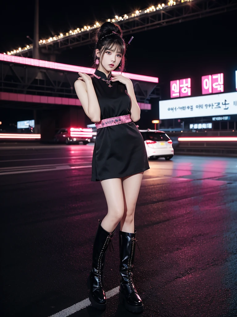 Beautiful woman wearing a black pink Wearing y2k While standing korea style clothes mini dress with decorations on the shirt and visible shoulders and wearing boots and being photographed with a background And was in the middle of the highway in the middle of the night ,Korean style swag, beautiful face so gorgeous, Beautiful eyes, y2k style,