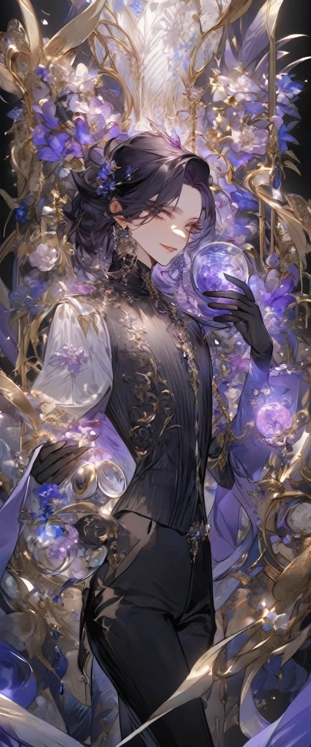 Feminine boy, soft womanish facial features, smile, squinted siren dark blue eyes without glare, silver and dark purple long loose hair with straight bang, fantasy black clothes with blue and purple elements, long black gloves, model, gorgeous, elegant, lots of silver jewelry, flowers in his hair, skinny body, hourglass figure, light lipstick, pants