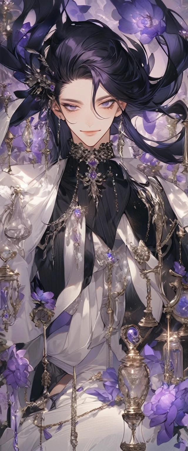 Feminine boy, soft womanish facial features, smile, squinted siren dark blue eyes without glare, silver and dark purple long loose hair with straight bang, fantasy black clothes with blue and purple elements, long black gloves, model, gorgeous, elegant, lots of silver jewelry, flowers in his hair, skinny body, hourglass figure, light lipstick, pants
