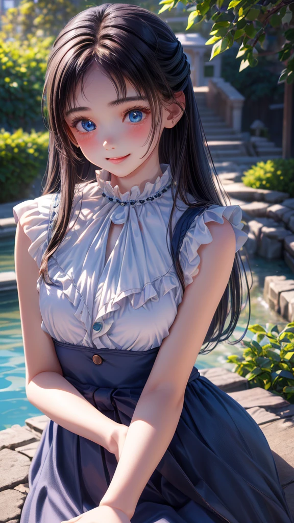 ((masterpiece)), ((highest quality、Ultra high definition)), (Very detailed),8K、Photo quality、((Amazingly cute girl)),((())), Two people, , (Beautiful emerald blue eyes), ((smile)),In the open-air bath overlooking the sea, Beautifully arranged black hair in twin tails、whole body、Cute lolita maid stylimsuit))、Professional Lighting、(White lace knee-highore detailed and beautiful)、(More details and cutenesore realistic)、(((Just wear light clothing)))、プールではしゃぐ、