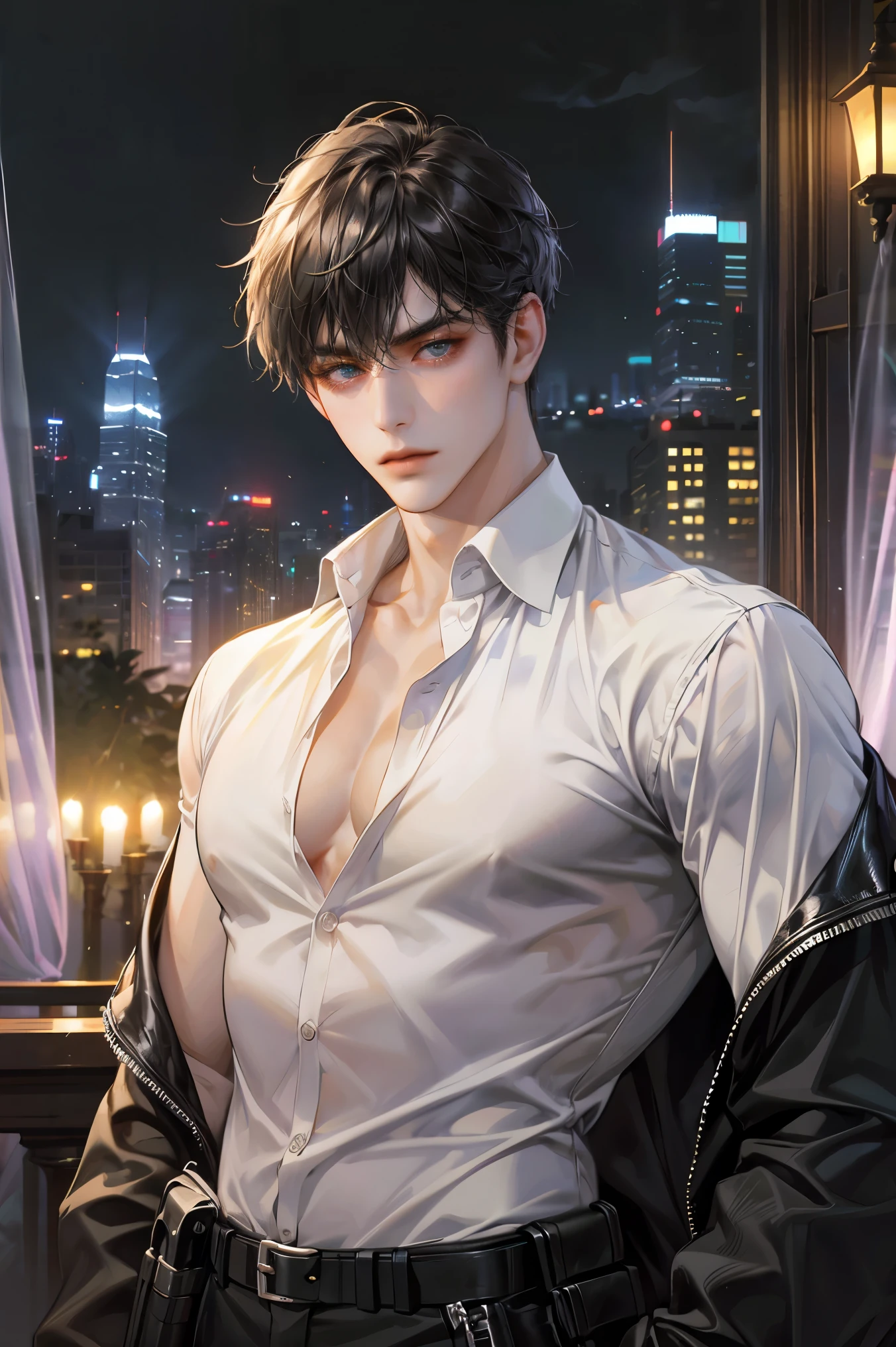 (absurdres, highres, ultra detailed, original character, HDR), 1 boy, solo, adult, handsome, ((tall muscular guy, broad shoulders)), finely detailed eyes, (black medium hair), hair between eyes, turquoise eyes, holographic, futuristic, casual and sexy outfit, gun holster, (body tight white shirt), ((large man breasts)), ((wearing an earring)), (portrait), dutch angle, face focused, british colonial scenery, dystopian hong kong city, skyscrapers, closed mouth, looking at viewer, depth of field, bokeh