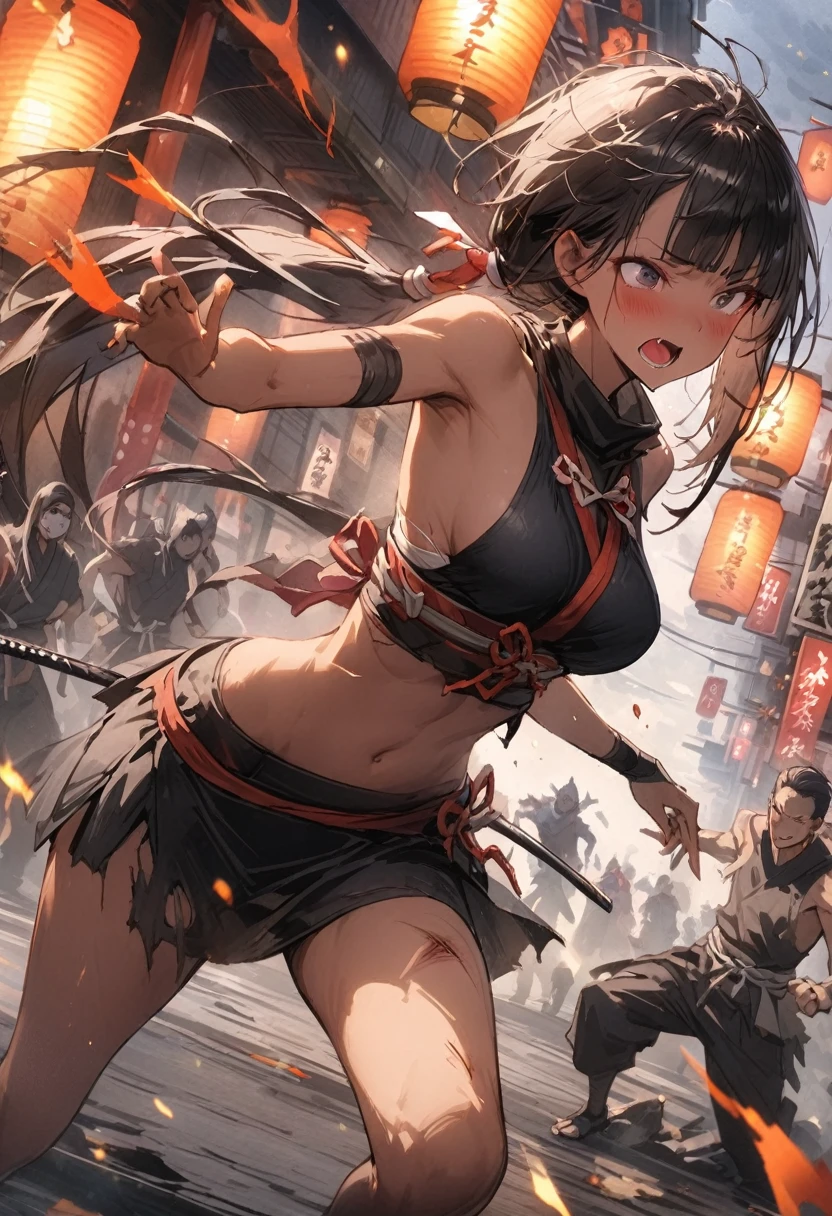 Action Scenes、(A female ninja who fights countless monsters),((masterpiece,Highest quality:1.3,best quality illustration)), 独奏,1woman,(Mature Japan beauties)、black hair,(low ponytail hair style),long hair,blunt bangs,black eyes,gorgeous eyes,((very small head:1.3)),blush,pain,((very long body:1.2)),,(tan skin), (gleaming skin,toned body,slender body, skinny),(Torn black female ninja costume、Injury:1.5,No sleeve、Black ),Fighting spirit,Urban area,Collapsed Buildingoonlit Night、Modern Tokyo、