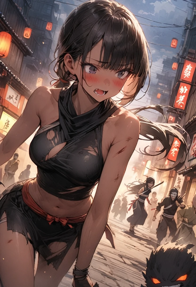 Action Scenes、(A female ninja who fights countless monsters),((masterpiece,Highest quality:1.3,best quality illustration)), 独奏,1woman,(Mature Japan beauties)、black hair,(low ponytail hair style),long hair,blunt bangs,black eyes,gorgeous eyes,((very small head:1.3)),blush,pain,((very long body:1.2)),medium breasts,(tan skin), (gleaming skin,toned body,slender body, skinny),(Torn black female ninja costume、Injury:1.5,No sleeve、Black mini skirt),Fighting spirit,Urban area,Collapsed Buildingoonlit Night、Modern Tokyo、