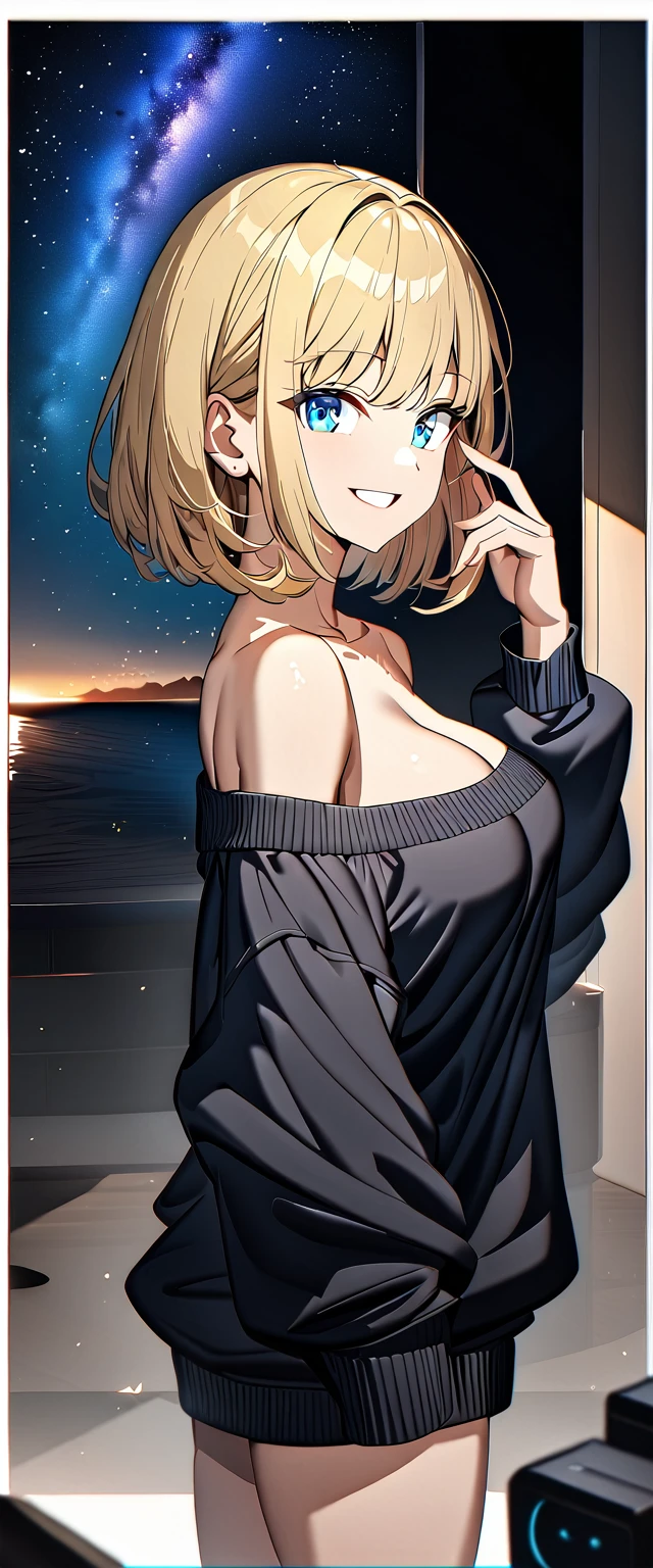 ((grin)), ((off-shoulder sweater:1.3, Quite thick shoulder straps)), ((black sweater)), ((blond hair, bob cut:1.3)), ((sunglasses, hand to sunglasses)), (((from side))), ((((upper body)))), bare legs, ((Leaning to side)), (((a beautiful starry sky, the Milky Way shining beautifully in the night))), ((standing on the very high cliff)), wavy hair, inward curled hair, ((sea, nature)), breasts, ager, (looking at viewer), oversized clothes, puffy long sleeves, collarbone, head tilt:1.3, (((blue eyes))), happy smile, (((anime style))), (best quality, 4K, 8K, highres, masterpiece:1.2, ultra-detailed, ultra-detailed eyes, HDR, uhd, studio lighting, ultra-fine painting, sharp focus, physically-based rendering, extreme detail description, professional, vivid colors, bokeh)