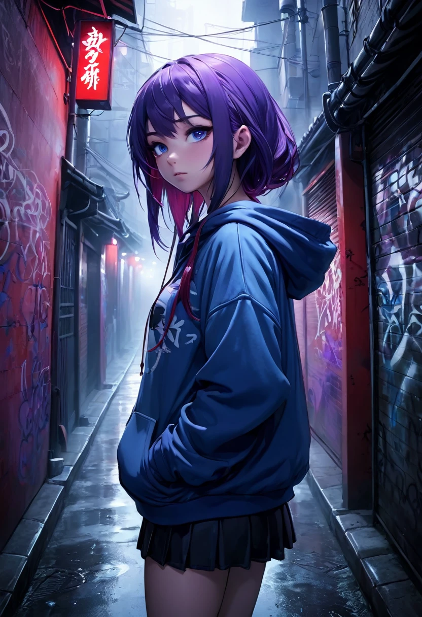 1girl, blue hoodie, wearing purple hair, blue eyes, dark alley, red graffiti, japanese led, fog, 8k, ambient occlussion, focus on subject