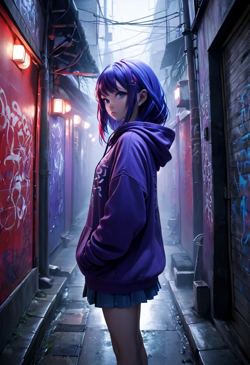 1girl, blue hoodie, wearing purple hair, blue eyes, dark alley, red graffiti, japanese led, fog, 8k, ambient occlussion, focus on subject