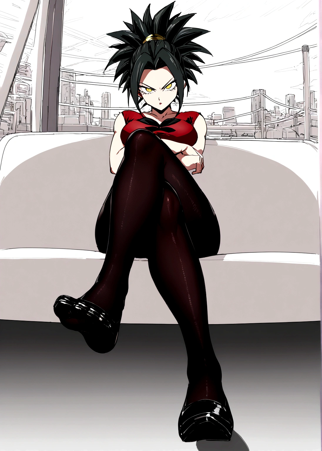 Kefla with black hair up, with red top and black pantyhose, one punch man style, feet focus, legs crossed, seductive,  sitting, looking down at viewer 