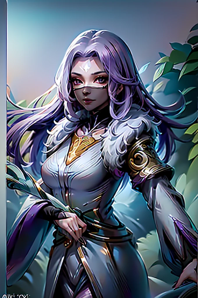 1girl,(masterpiece:1.4, best quality),medium breasts,(intricate details),unity 8k wallpaper,ultra detailed,(pastel colors:1.3),beautiful and aesthetic,detailed,solo, purple hair, luo_yi_ml, mouth veil, big breasts, 