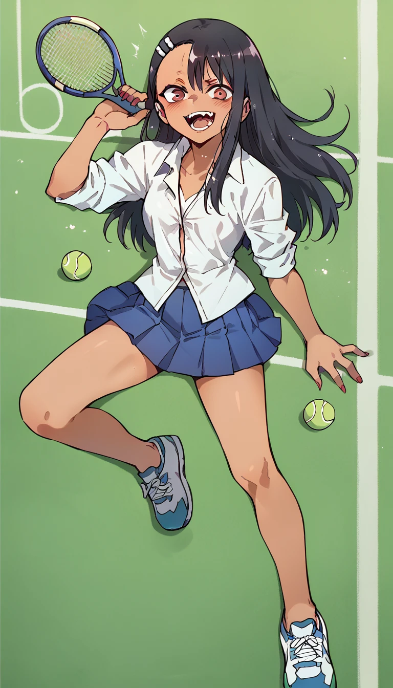 Hayase Nagatoro, White unbuttoned shirt, blue pleated skirt, white tennis shoes