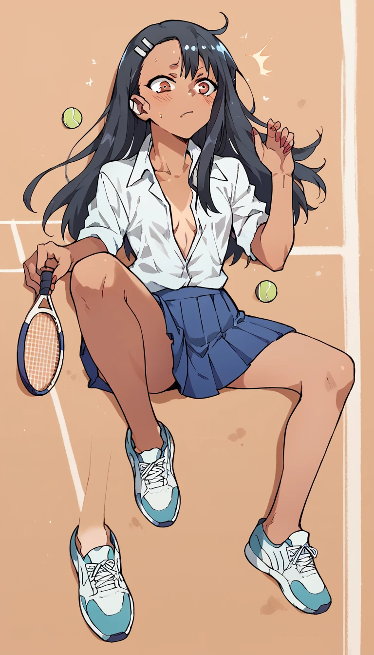 Hayase Nagatoro, White unbuttoned shirt, blue pleated skirt, white tennis shoes