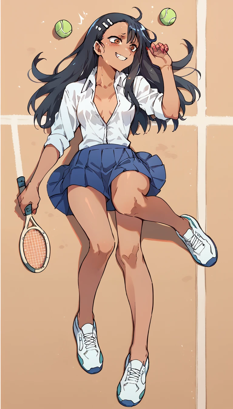 Hayase Nagatoro, White unbuttoned shirt, blue pleated skirt, white tennis shoes