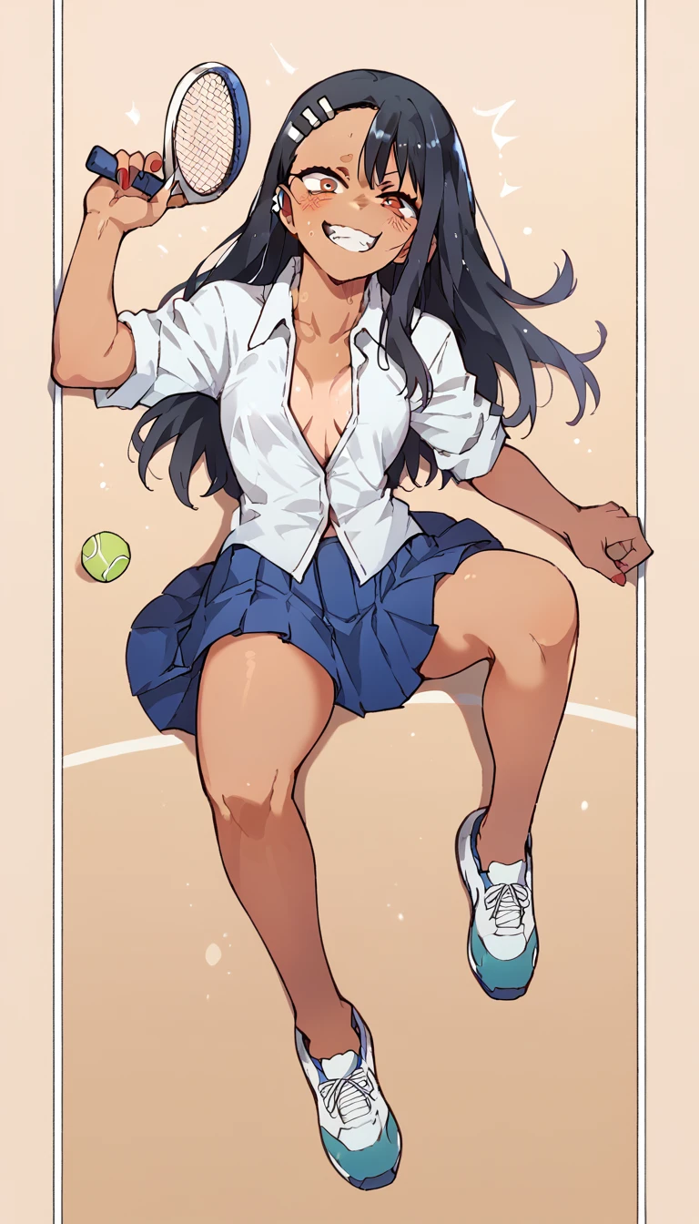 Hayase Nagatoro, White unbuttoned shirt, blue pleated skirt, white tennis shoes