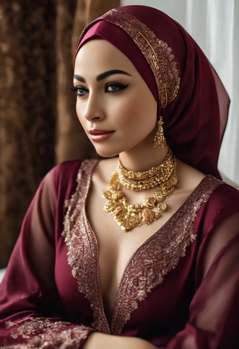 1 hijab woman, (hijab), 8k, masterpiece,on bed, small gold necklace,maroonluxury dress,cleavage of the breast,Medium breasts,white skin