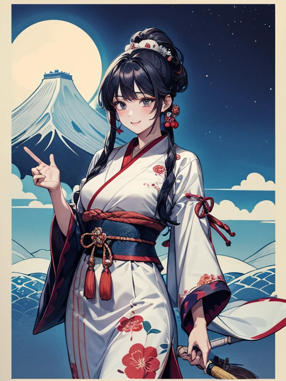 (Highest quality、masterpiece、High resolution、8K)、Vibrant colors、1 female、Black hair Japanese topknot、whole body、Bon dance、着物は和装で白地に鮮やかなflower柄模様、Official Art、The background is Ukiyo-e style、White waves,Fuji Mountain,flower,moon,cloud,