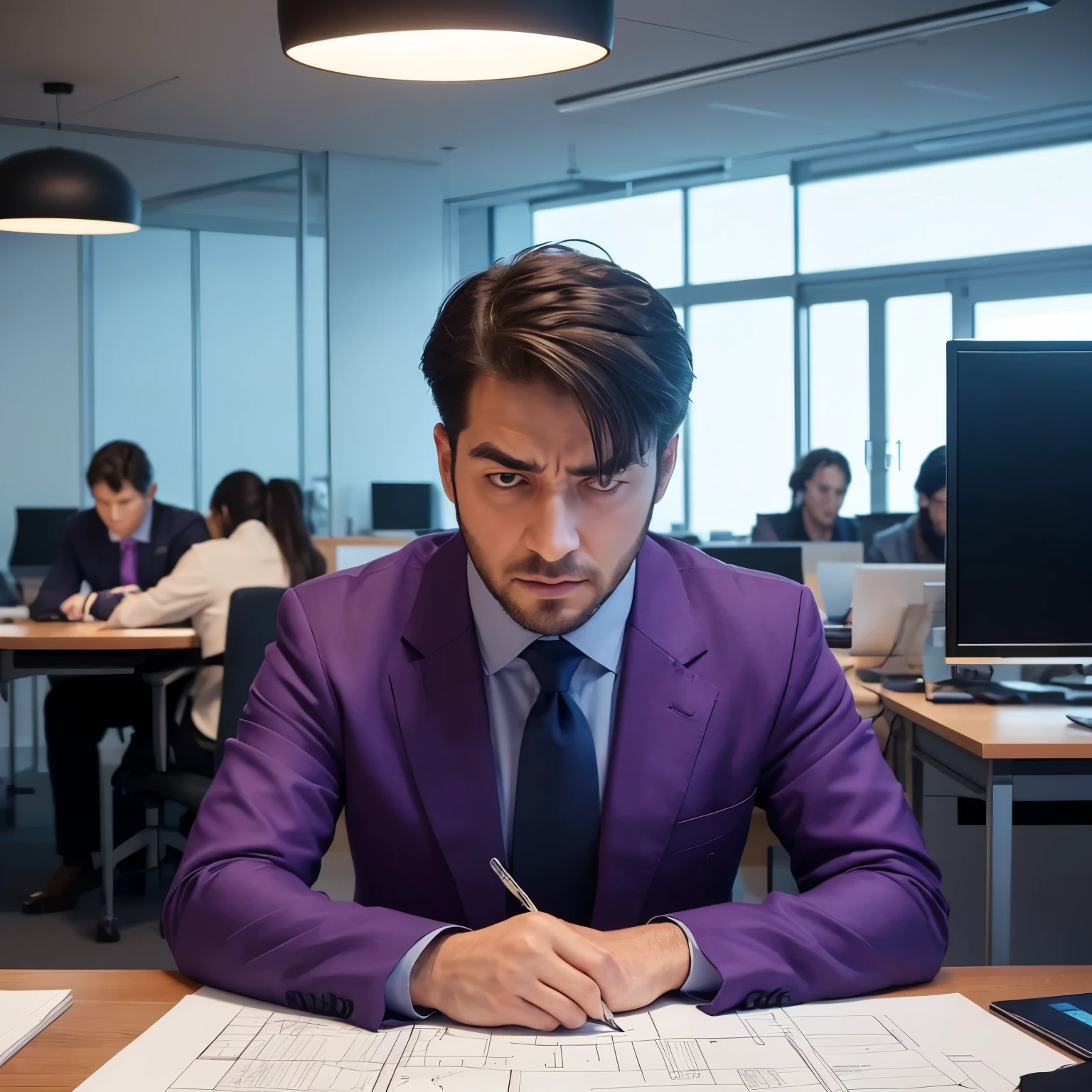 A man wearing purple clothes, embodying the MBTI Architect type, is sitting at a desk, clearly struggling with stress. His expression is tense and frustrated, and he is rubbing his temples. The desk is organized but filled with detailed plans and blueprints. The background shows a modern office with sleek furniture and cool lighting, highlighting the intense and stressful atmosphere.