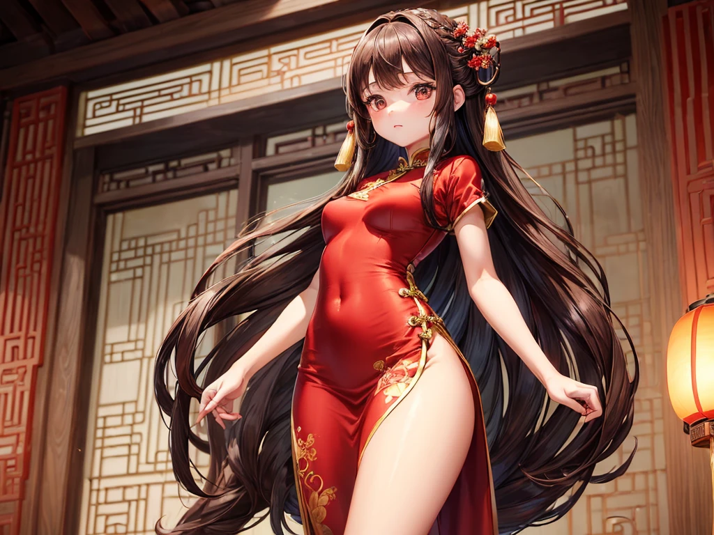(((depict little girl))), long brown hair, brown eyes, Chinese jewelry in hair, stand up, small  breasts, shy, focused, (nice hips), (show hips), (((ftight chinese dress))), black and red dress, (no underwear), (show breasts), (Masterpiece, Excellent, complex details),  delicate girl, delicate face