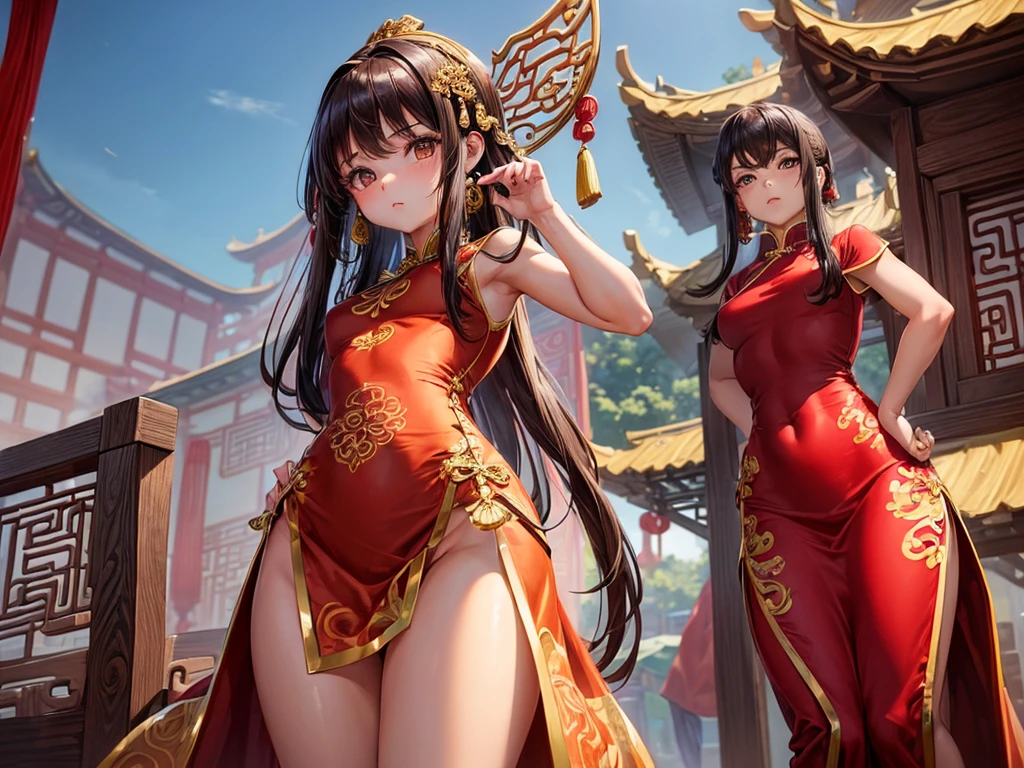 (((depict little girl))), long brown hair, brown eyes, Chinese jewelry in hair, stand up, small breasts, shy, focused, (nice hips), (show hips), (((ftight chinese dress))), black and red dress, (no underwear), (show breasts), (Masterpiece, Excellent, complex details), delicate girl, delicate face