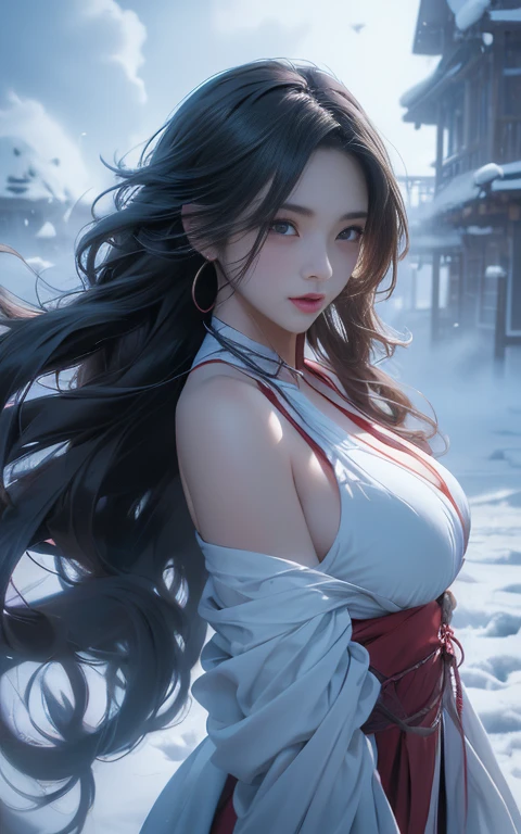 Practical detailed photo of a giant breasted girl with exposed shoulders, Detailed fingers, High quality skin, Red Eyes, Alone in a winter scene with clouds, wind, and flowing hair, (best quality,4K,8K,high resolution,masterpiece:1.2),Extremely detailed,(Practical,photoPractical,photo-Practical:1.37),Studio Lighting,Bright colors