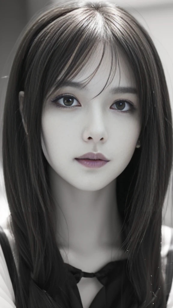 1 girl, beautiful detailed eyes, beautiful detailed lips, extremely detailed eyes and face, long eyelashes, thin body, thin legs, black layered cut short wavy hair, thick and fluffy bangs, very detailed face, faint smile, thin nose, small thin mouth, extremely sharply focused eyes, japanese, beautiful face, realistic eyes, beautiful and beautiful eyes, realistic skin, beautiful skin, charm, a vivid face, visual kei gothic lolita outfit, corset, elaborate accessories, ornately decorated, dark, flowing hair cascades down shoulders, dark eyeliner, avant-garde look, theatrical decadence, challenging traditional fashion norms, captivating androgynous look, (best quality, 4k, 8k, highres, masterpiece:1.2, ultra-detailed, realistic, photorealistic, photo-realistic:1.37), (dramatic lighting:1.2), (high contrast:1.2), (vivid colors:1.2), (intricate details:1.2)