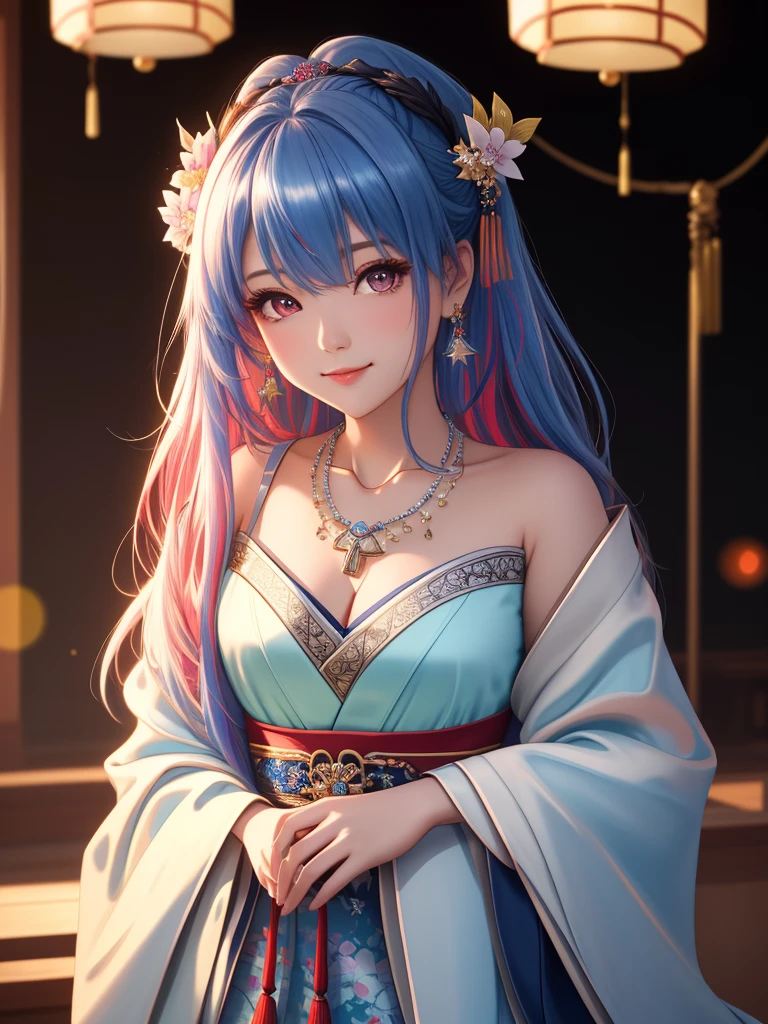 best quality, masterpiece, high resolution, 1 Girl,flirtatious,Seven colored hair,(Charming smile:0.8),Star-shaped pupil,china hanfu,Hair accessories,necklace, Jewelry,Pretty Face,Above_Body, Tyndall effect,Reality, Dark Studio, Rim Light, Two-tone lighting,(High Detail Skin:1.2), 8K uhd, Digital SLR Camera, Soft lighting, high quality, Volumetric Lighting, frank, photo, high resolution, 4K, 8K, Bokeh