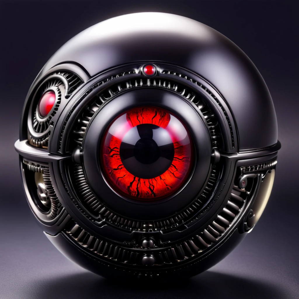 a pure black and opal mechanical orb, giger style, blackcarvingcd_xl , blood red eye aura,