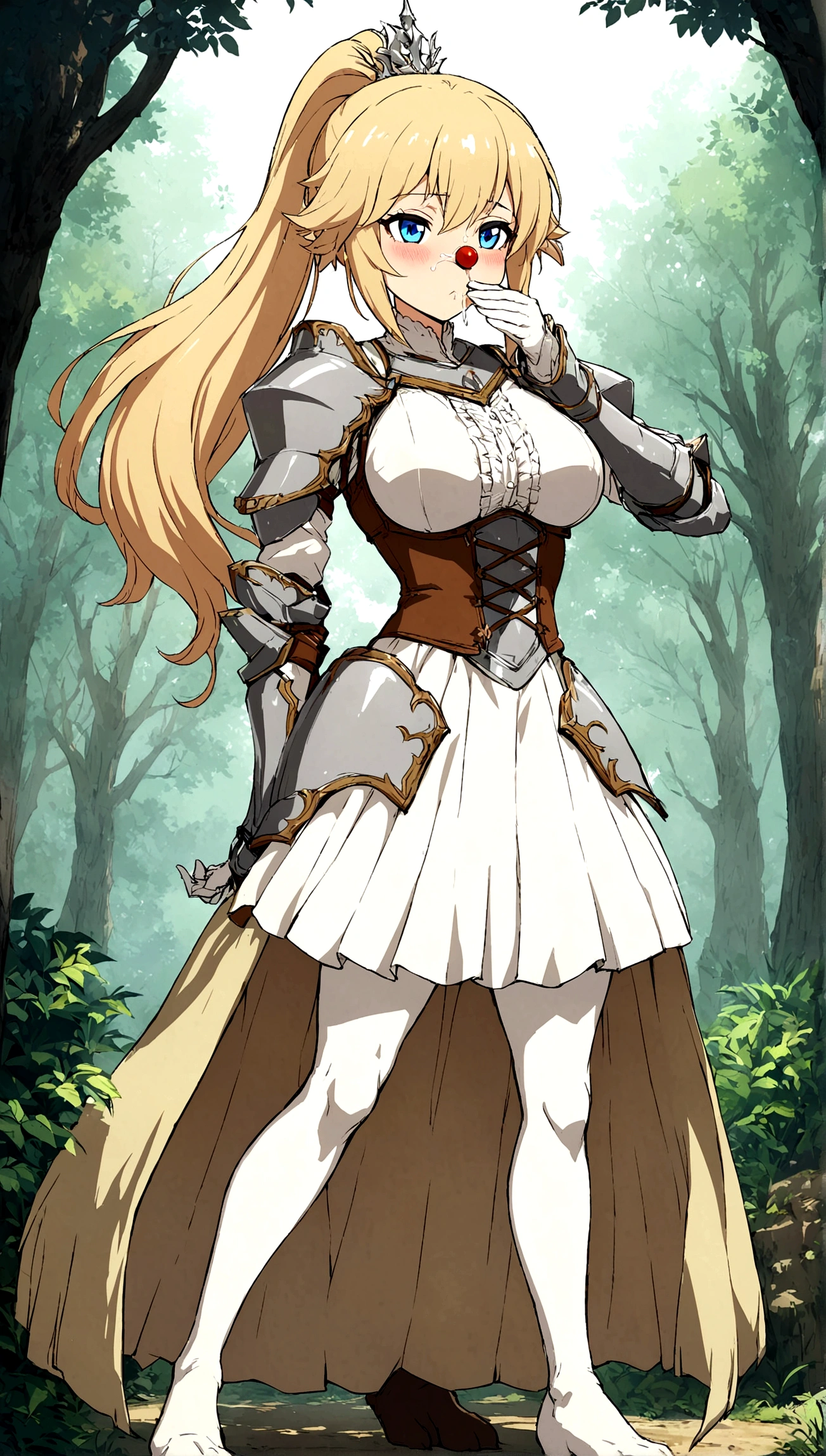 Anime. 1 girl. Cute girl. Half-human. Centaur. Blonde. Long hair. Hair ornament. Her hair is pulled back into a high ponytail. Blue eyes. Beautiful eyes. Perfect eyes. Expressive eyes. Ideal face. Face about to sneeze
Sneezing face. Beautiful nose. Inflamed - red nose. Snotty nose. A long snot hangs from the nose after a sneeze. 16 years. Big breasts. Beautiful breasts. Girl knight. Centaur knight. She is ill. She has a cold. She has allergies. She has a runny nose. Nasal mucus. She has snot. She wants to sneeze. She needs to sneeze. She has a strong, desperate urge to sneeze. She sneezes. She sneezes. Sprays of snot fly to the sides. Snot flows from her nose. She's on her period. Her crotch is bleeding. In the middle of the forest. Ideal anatomical body. The lower part of the body is equine. Horse slender legs. Hooves instead of feet. White linen blouse. Light plate armor - corset. Skirt. No panties. Standing. Full height. Beautiful character design. Shiny skin. Whole body. NFS. Official art. Extremely detailed CG Unity 8k wallpaper. Ideal lighting. Ultra high resolution 4K. Super detailed 8K. A high resolution.