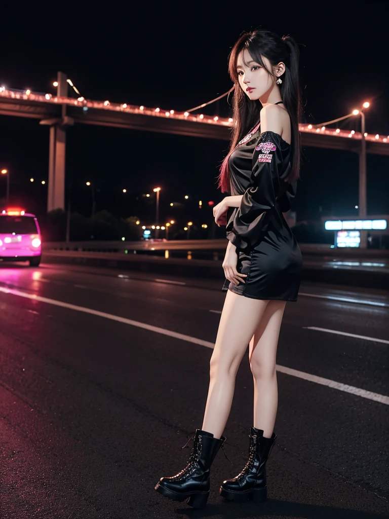 Beautiful woman wearing a black pink Wearing y2k While standing korea style clothes mini dress with decorations on the shirt and visible shoulders and wearing boots and being photographed with a background And was in the middle of the highway in the middle of the night ,Korean style swag, beautiful face so gorgeous, Beautiful eyes, y2k style,