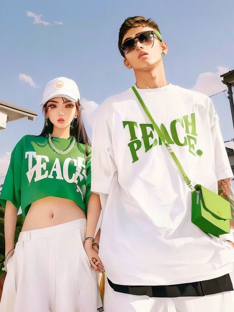 Arav man and woman wearing matching green and white clothing, 2020 fashion, Popular on r/Streetwear, peach and goma style, Teddy Fresh, peach, off white style, off white collection, japanese Streetwear, teacher, Streetwear fashion, Sea green and white clothes, Official, off white, off white, Helen Preston