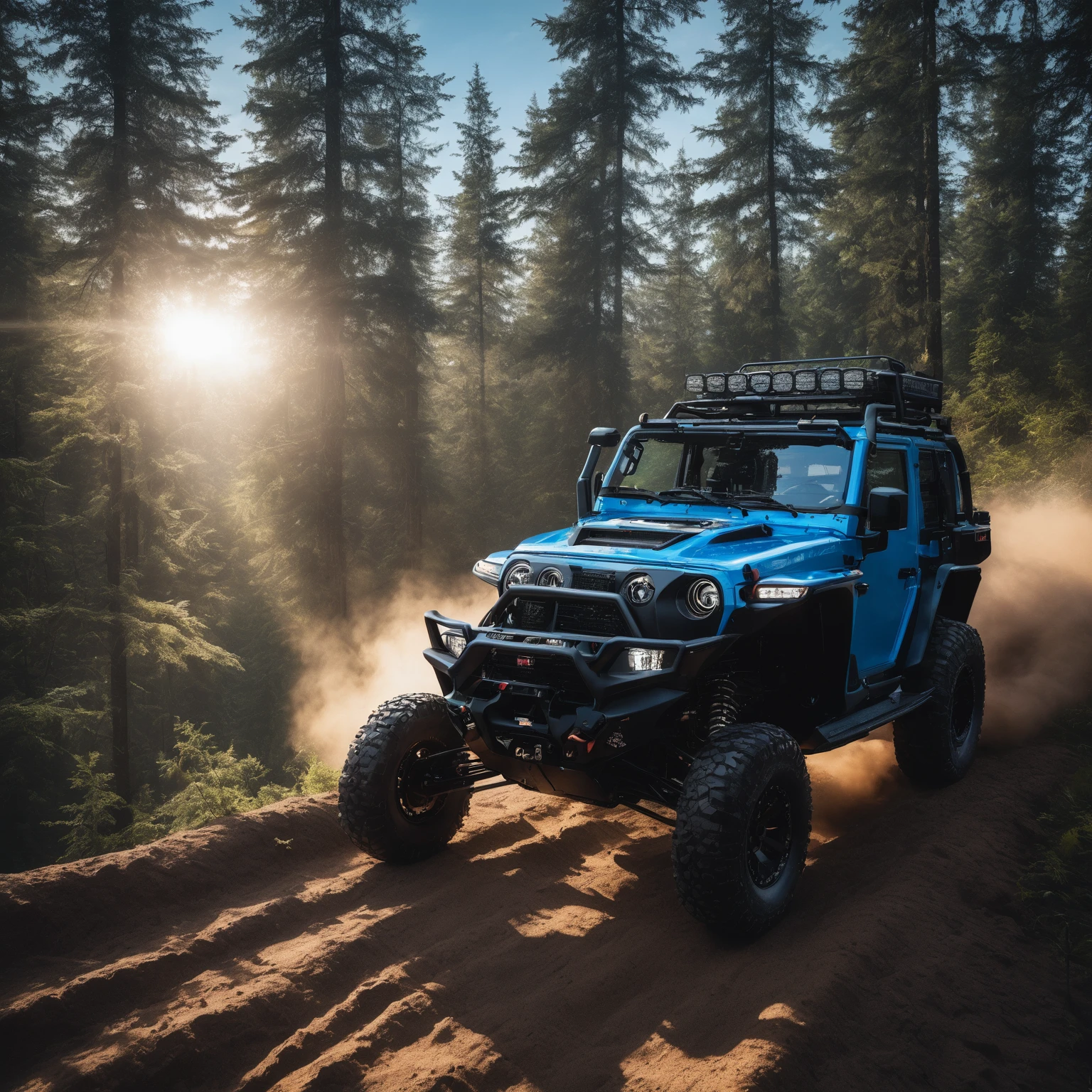 Off-road vehicle photos，An off-road vehicle，Driving on the road，Blue photo，detail强化，blur background/Bokeh，Bright with natural light，Ray Tracing，Sky，forest，Hill in the distance，Highly detailed environments，Low depth of field，HD，detail，8K，lens flare，Sunlight,