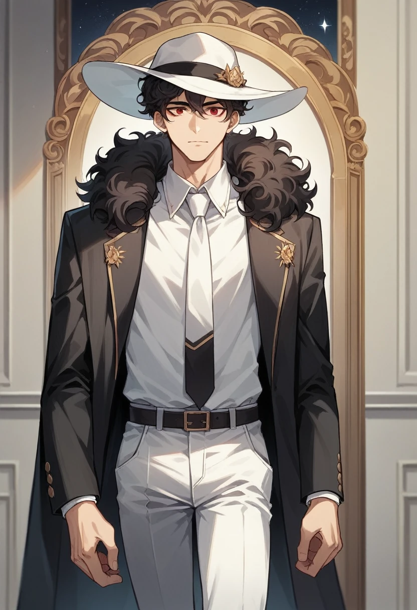 (( straight face picture )) ((best quality)),  ((Masterpiece)), (details), ( Beautiful colors ) Young man wearing a black suit , White tie ,white pants , white hat ,Shoulder-length hair ,My hair is a little frizzy. ,Red eyes ,at night ,There&#39;s smoke. ,moon ,