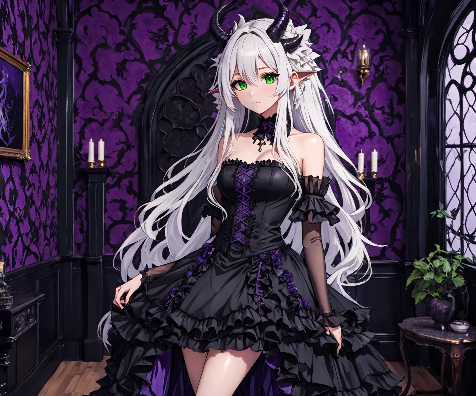 beautiful gothic anime girl with long white hair with dragon horns on top, green eyes, wearing a strapless black formal dress with white ruffle laces layered down, inside of a gothic themed traditional room with purple & black walls, 1girl, portrait