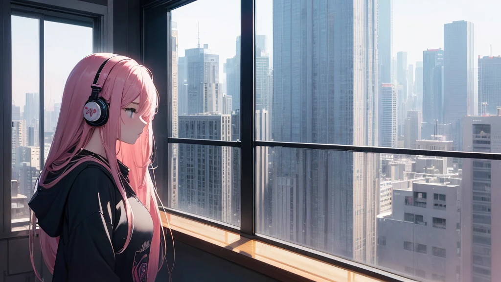 Absurd, Ultra-high resolution, (Official Art, beautifully、mysterious:1.2), Impressive eyes, light pink long hair, Larger than average bust, Correct human body composition, Girl listening to music with headphones, Looking out the window, Lo-fi Girl, and oversized hoodie, Makoto Shinkai and Artgelm, Anime atmosphere, Lofi art style, Anime style 8k, Anime Aesthetics, Lo-fi feeling, Anime Art Wallpapers 8K, An atmosphere of praise, City girl's room, Rooms with large windows, Emotional cityscape, Bright Sky