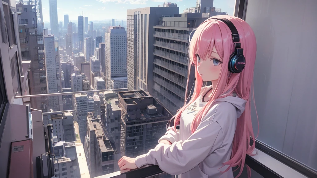 Absurd, Ultra-high resolution, (Official Art, beautifully、mysterious:1.2), Impressive eyes, light pink long hair, Larger than average bust, Correct human body composition, Girl listening to music with headphones, Looking out the window, Lo-fi Girl, and oversized hoodie, Makoto Shinkai and Artgelm, Anime atmosphere, Lofi art style, Anime style 8k, Anime Aesthetics, Lo-fi feeling, Anime Art Wallpapers 8K, An atmosphere of praise, City girl's room, Rooms with large windows, Emotional cityscape, Bright Sky