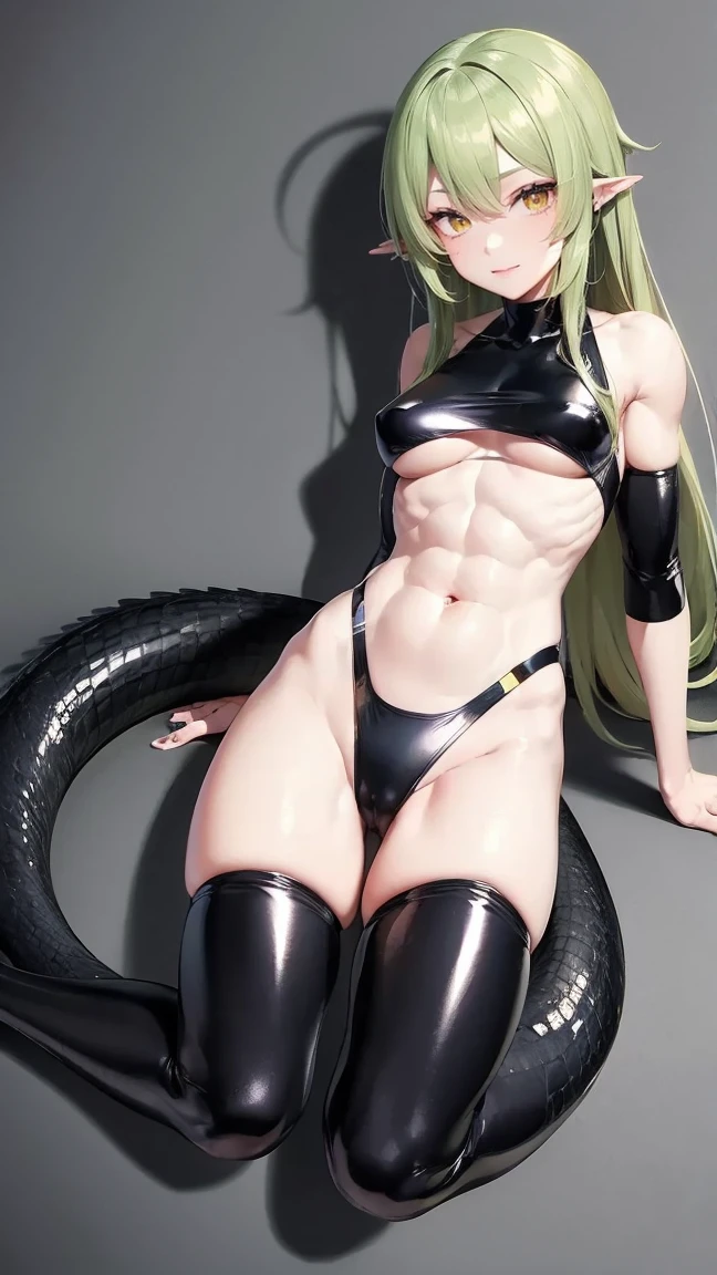 (masterpiece), best quality, expressive eyes, perfect face, HD, BDSM, Swimsuit Gavial, full body, biceps, triceps, abs, muscular, bodybuilder, swimsuit, latex, tail, female, gavial, Midriff, navel, smiles, 比基尼, thigh strap, gavial swimsuit, snake eyes, slit eyes, yellow eyes