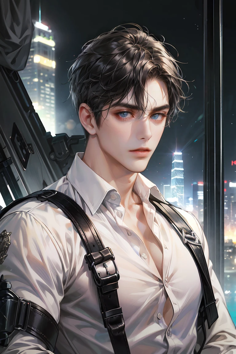 (absurdres, highres, ultra detailed, original character, HDR), 1 boy, solo, adult, handsome, ((tall muscular guy, broad shoulders)), finely detailed eyes, (black hair), hair between eyes, turquoise eyes, holographic, futuristic, casual and sexy outfit, gun holster, (body tight white shirt), ((large man breasts)), ((wearing an earring)), (portrait), dutch angle, face focused, british colonial scenery, dystopian hong kong city, skyscrapers, closed mouth, looking at viewer, depth of field, bokeh
