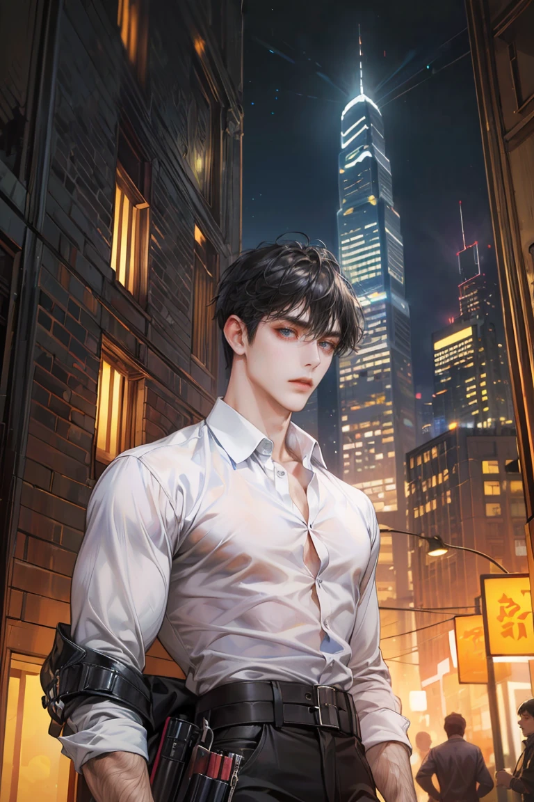 (absurdres, highres, ultra detailed, original character, HDR), 1 boy, solo, adult, handsome, ((tall muscular guy, broad shoulders)), finely detailed eyes, (black hair), hair between eyes, turquoise eyes, holographic, futuristic, casual and sexy outfit, gun holster, (body tight white shirt), ((large man breasts)), ((wearing an earring)), (portrait), dutch angle, face focused, british colonial scenery, dystopian hong kong city, skyscrapers, closed mouth, looking at viewer, depth of field, bokeh