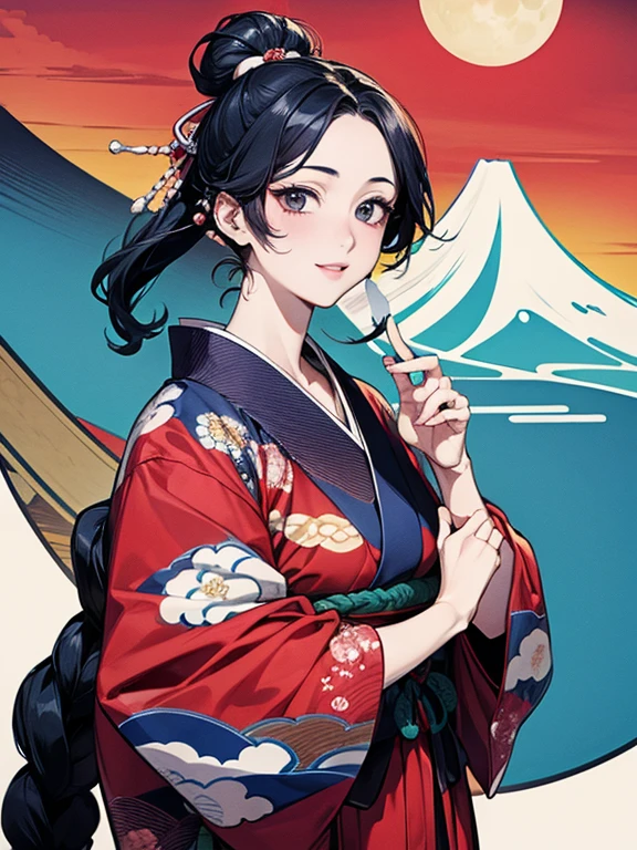 (Highest quality、masterpiece、High resolution、8K)、Vibrant colors、1 female、Black hair Japanese topknot、whole body、Bon dance、着物は和装で白地に鮮やかなflower柄模様、Official Art、The background is Ukiyo-e style、White waves,Fuji Mountain,flower,moon,cloud,